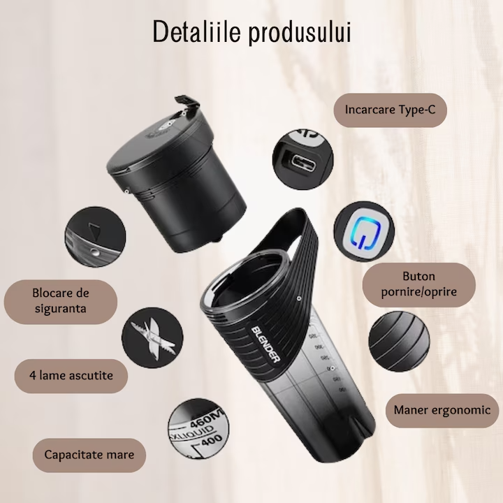 Blender Portabil Mini, 20.000 rpm, Baterie 4000 mAh, Multifunctional, Negru