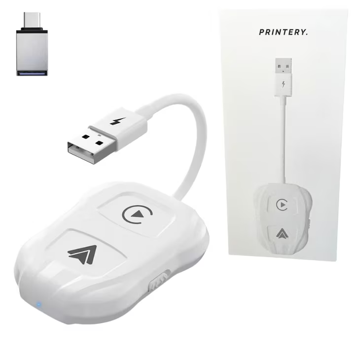 Adaptor Wireless Compatibil cu Apple Carplay si Android Auto, PRINTERY®, Fara Lag, Stabil, Actualizare la zi, Compatibil cu masinile fabricate incepand din 2015 si dispozitivele iOS 10+ si Android 11, Alb