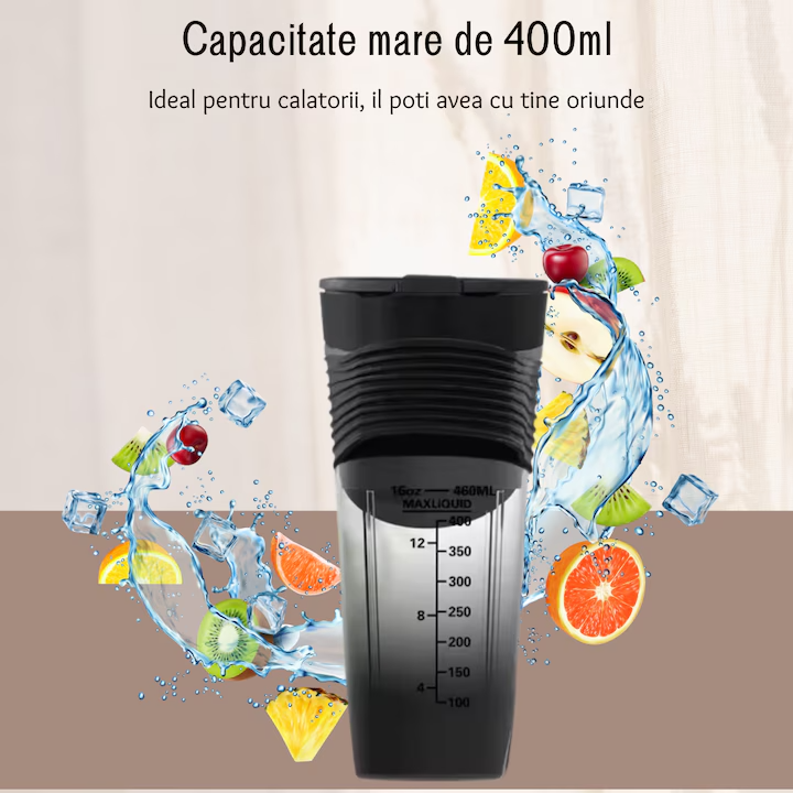 Blender Portabil Mini, 20.000 rpm, Baterie 4000 mAh, Multifunctional, Negru