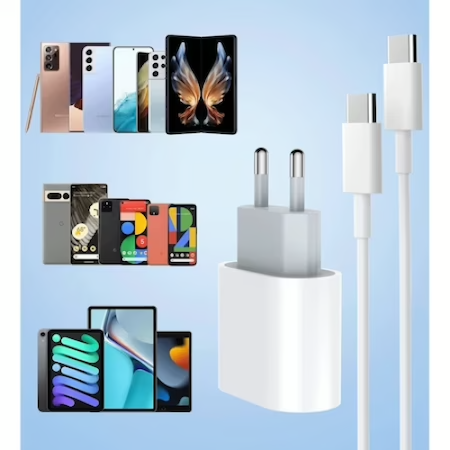 Set Incarcator Universal Fast Charge 20W si Cablu de Date Fast Charge 1M Type-C - Type-C, compatibil cu Samsung, Huawei si alte dispozitive cu intrarea Type C, Alb