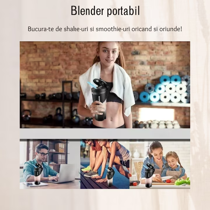 Blender Portabil Mini, 20.000 rpm, Baterie 4000 mAh, Multifunctional, Negru