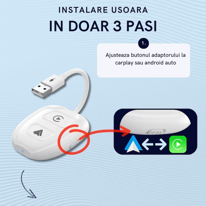 Adaptor Wireless Compatibil cu Apple Carplay si Android Auto, PRINTERY®, Fara Lag, Stabil, Actualizare la zi, Compatibil cu masinile fabricate incepand din 2015 si dispozitivele iOS 10+ si Android 11, Alb