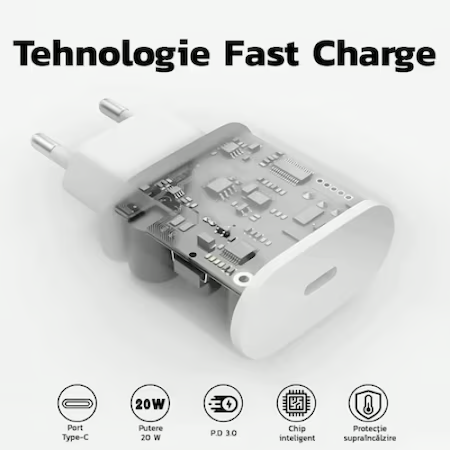 Set Incarcator Universal Fast Charge 20W si Cablu de Date Fast Charge 1M Type-C - Type-C, compatibil cu Samsung, Huawei si alte dispozitive cu intrarea Type C, Alb