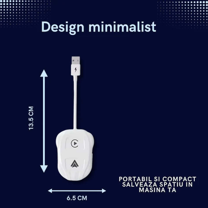 Adaptor Wireless Compatibil cu Apple Carplay si Android Auto, PRINTERY®, Fara Lag, Stabil, Actualizare la zi, Compatibil cu masinile fabricate incepand din 2015 si dispozitivele iOS 10+ si Android 11, Alb
