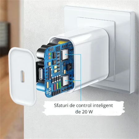 Set Incarcator Universal Fast Charge 20W si Cablu de Date Fast Charge 1M Type-C - Type-C, compatibil cu Samsung, Huawei si alte dispozitive cu intrarea Type C, Alb