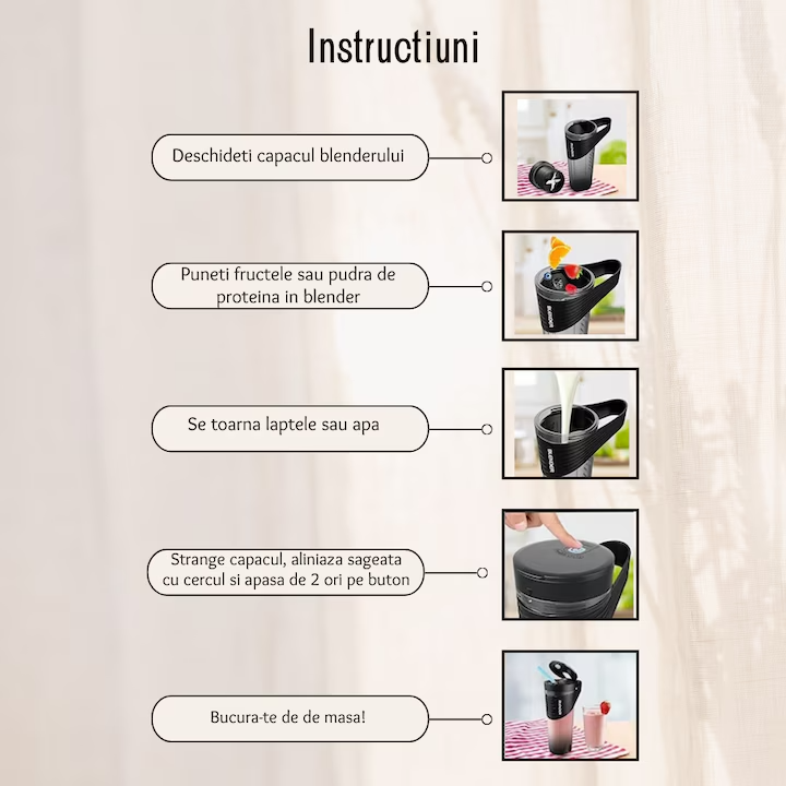 Blender Portabil Mini, 20.000 rpm, Baterie 4000 mAh, Multifunctional, Negru