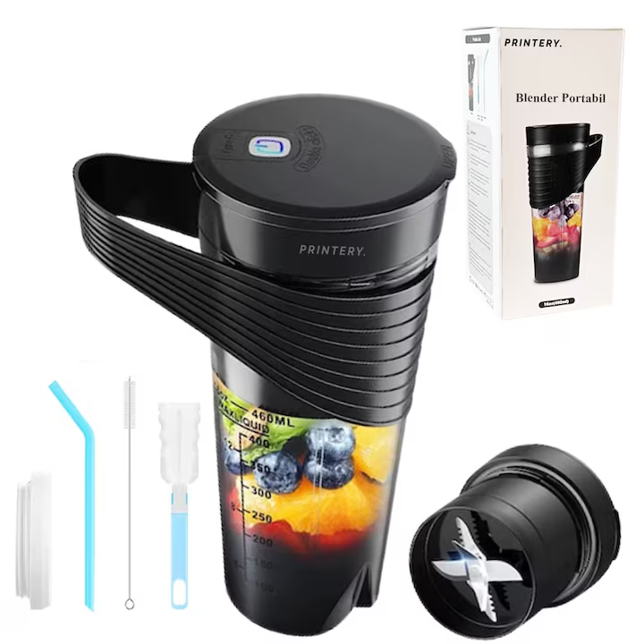 Blender Portabil Mini, 20.000 rpm, Baterie 4000 mAh, Multifunctional, Negru