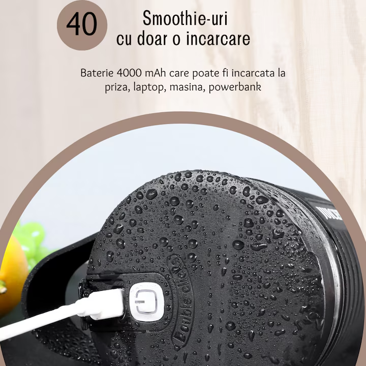 Blender Portabil Mini, 20.000 rpm, Baterie 4000 mAh, Multifunctional, Negru