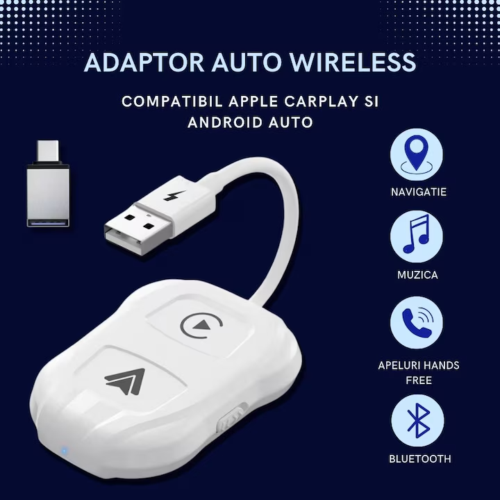 Adaptor Wireless Compatibil cu Apple Carplay si Android Auto, PRINTERY®, Fara Lag, Stabil, Actualizare la zi, Compatibil cu masinile fabricate incepand din 2015 si dispozitivele iOS 10+ si Android 11, Alb