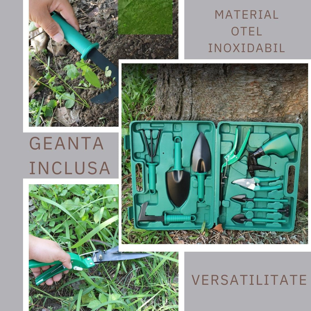 Set 10 accesorii grădinărit inox + geantă depozitare verde 37×28 cm