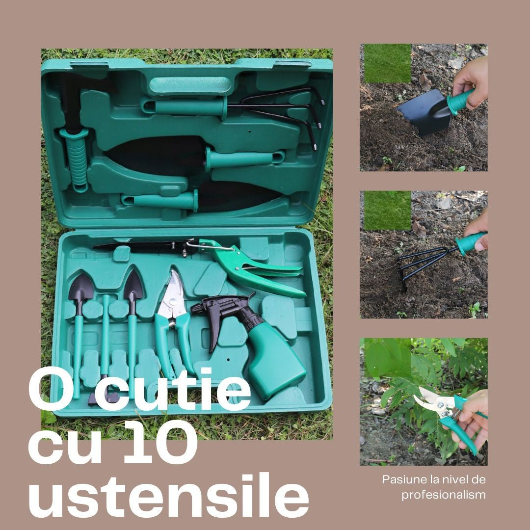 Set 10 accesorii grădinărit inox + geantă depozitare verde 37×28 cm