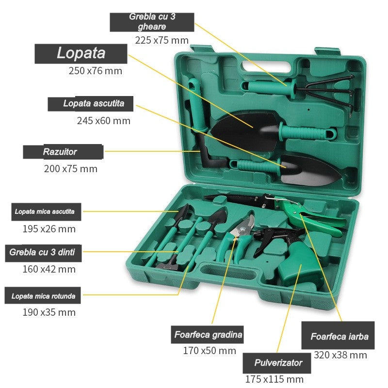 Set 10 accesorii grădinărit inox + geantă depozitare verde 37×28 cm