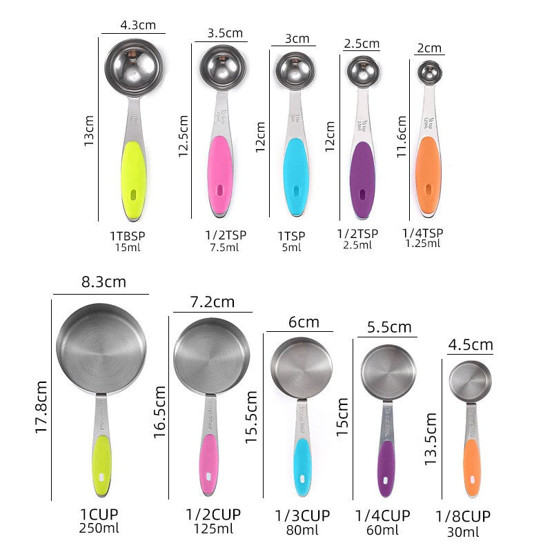 Set 10 piese măsurare bucătărie – linguri și căni gradate inox și silicon