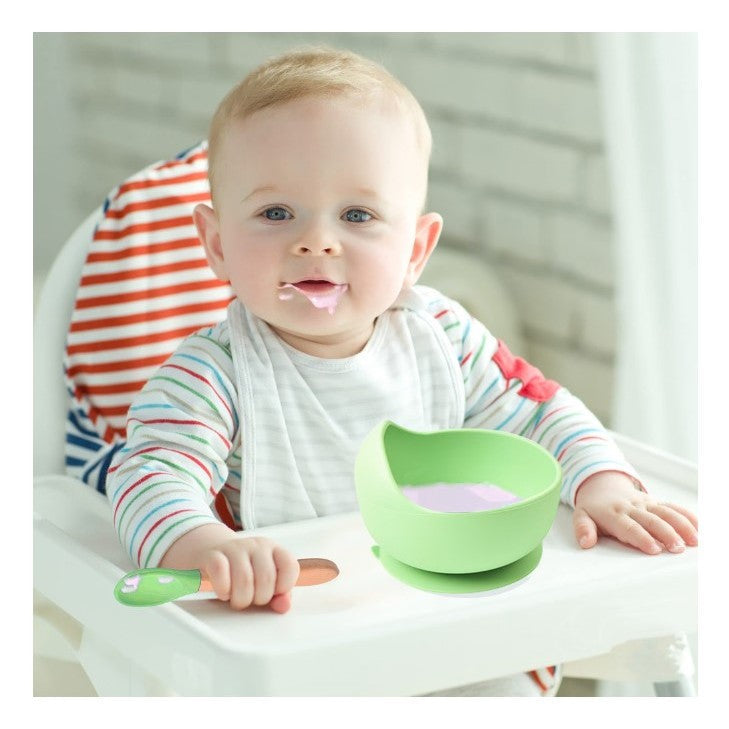 Set diversificare 10 piese din silicon și lemn – bol, farfurie, tacâmuri, cană cu ventuză, verde