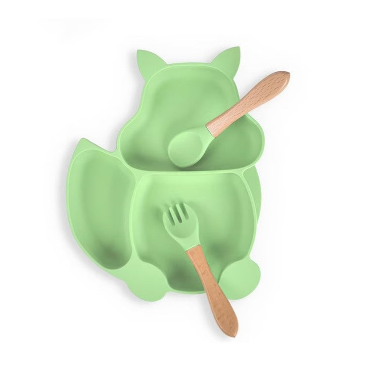 Set diversificare 10 piese din silicon și lemn – bol, farfurie, tacâmuri, cană cu ventuză, verde