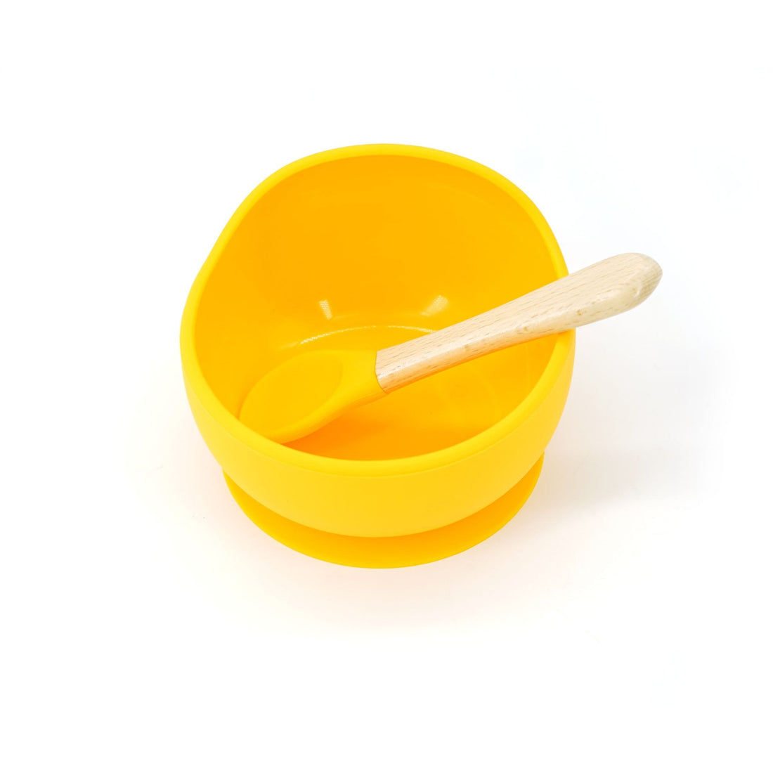 Set bol cu ventuză și linguriță silicon și lemn pentru diversificare bebeluși