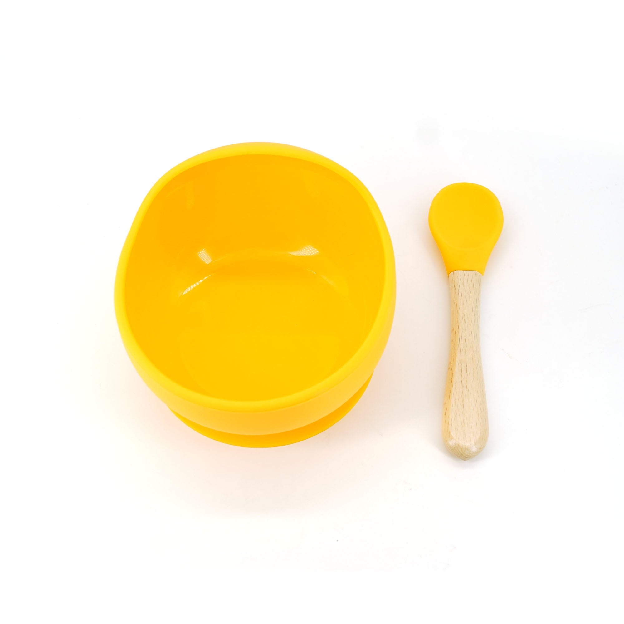 Set bol cu ventuză și linguriță silicon și lemn pentru diversificare bebeluși