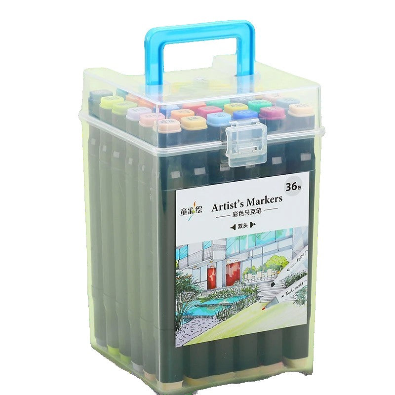 Set 48 markere alcool artistice – cutie plastic cu maner, culori vibrante