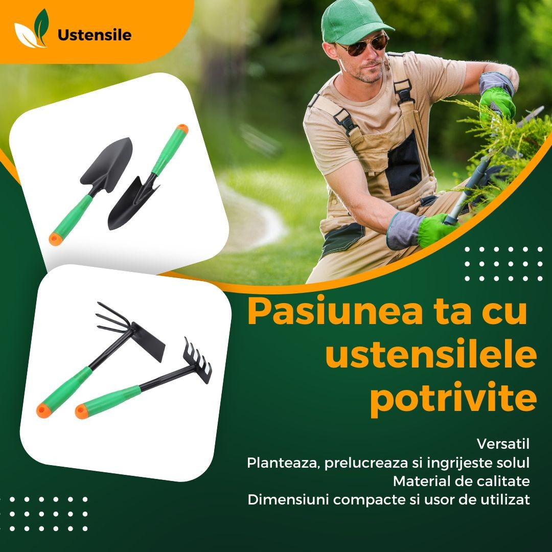 Set 4 unelte grădinărit pentru plantare și îngrijire, PVC și cardboard, verde