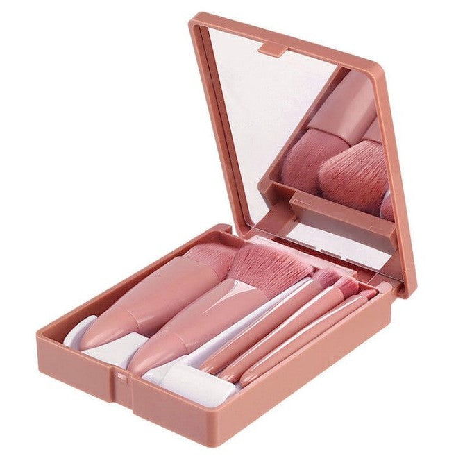 Set 5 mini pensule machiaj cu carcasă și oglindă – păr sintetic moale, portabile, fucsia