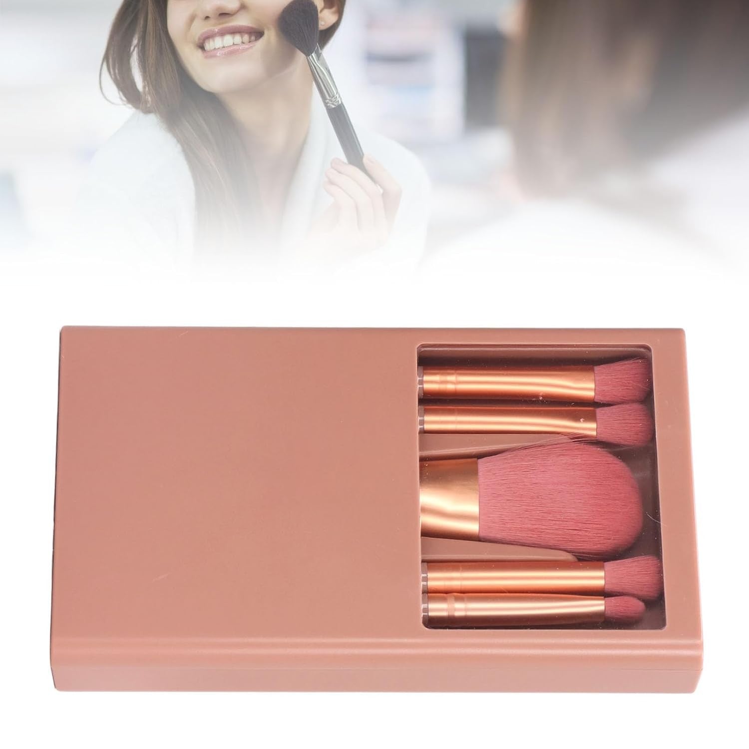 Set 5 pensule machiaj cu peri moi, suport depozitare și oglindă, roz închis