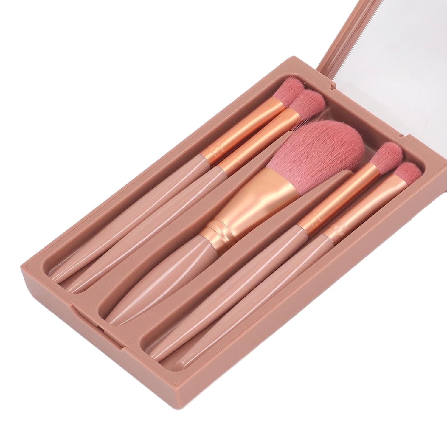 Set 5 pensule machiaj cu peri moi, suport depozitare și oglindă, roz închis