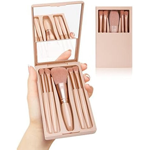 Set 5 Pensule Machiaj cu Peri Moi și Suport Roz – Oglindă Inclusă