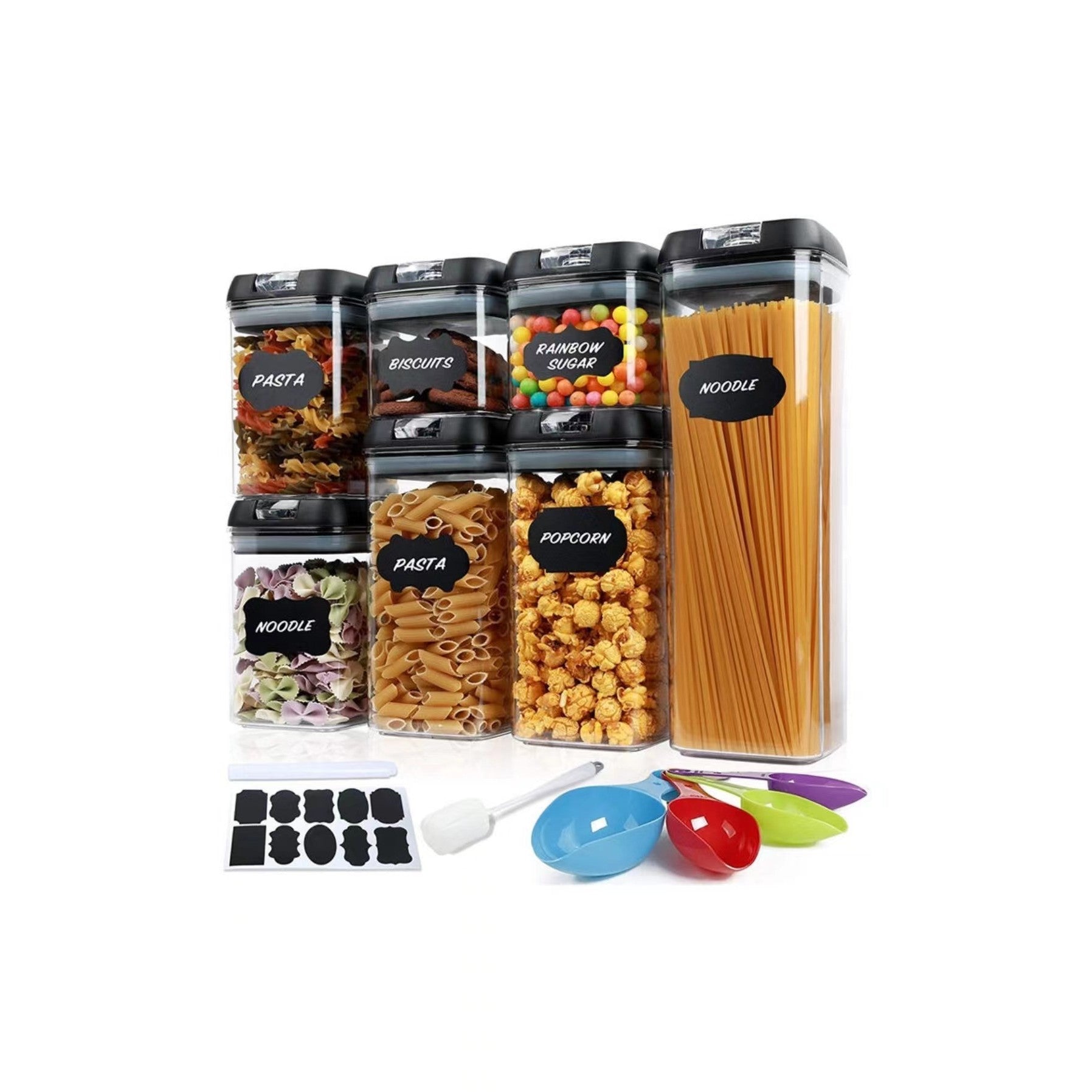 Set 7 recipiente organizare alimente etanșe, cu etichete reutilizabile și cupă de măsurare, plastic dur transparent