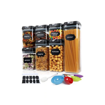 Set 7 recipiente organizare alimente etanșe, cu etichete reutilizabile și cupă de măsurare, plastic dur transparent