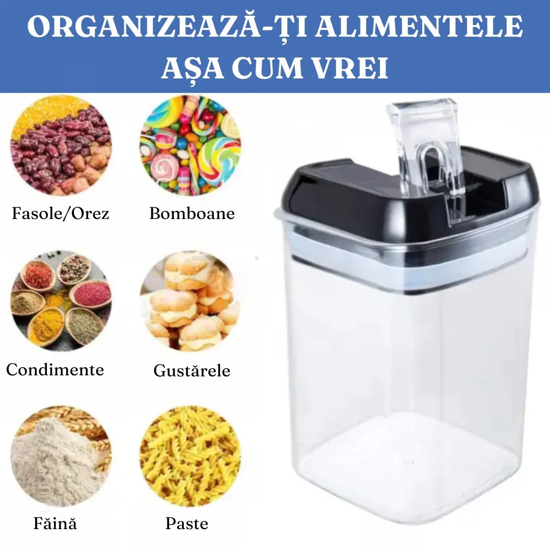 Set 7 Recipiente Organizare Alimente cu Inchidere Etansa si Etichete Reutilizabile – 4 Dimensiuni, Plastic Transparent Dur