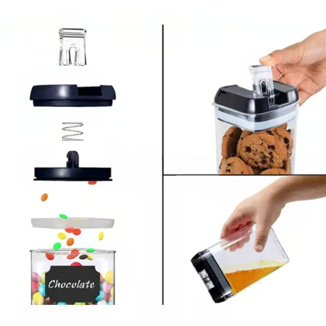 Set 7 Recipiente Organizare Alimente cu Inchidere Etansa si Etichete Reutilizabile – 4 Dimensiuni, Plastic Transparent Dur