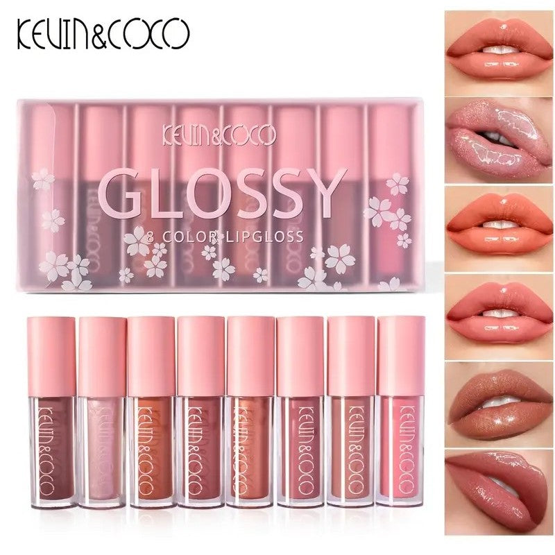 Set 8 lip gloss nude și rose – luciu buze intens și natural