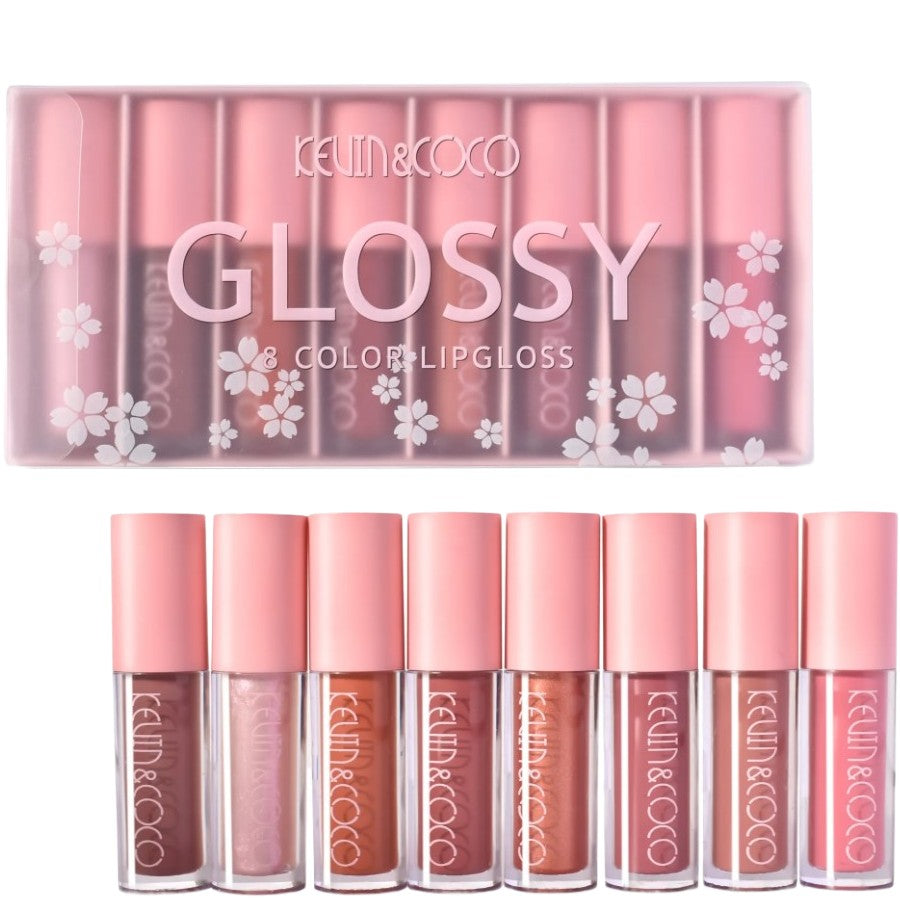 Set 8 lip gloss nude și rose – luciu buze intens și natural