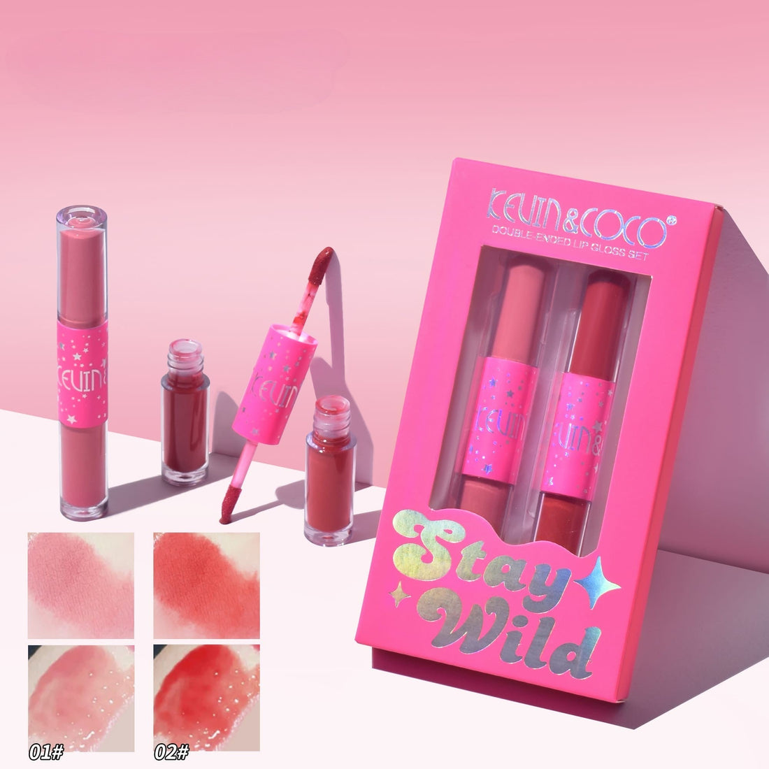 Set buze 4 culori – 2 rujuri mate & 2 gloss‑uri Stay Wild, roz‑roșu