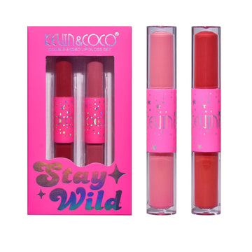 Set buze 4 culori – 2 rujuri mate & 2 gloss‑uri Stay Wild, roz‑roșu