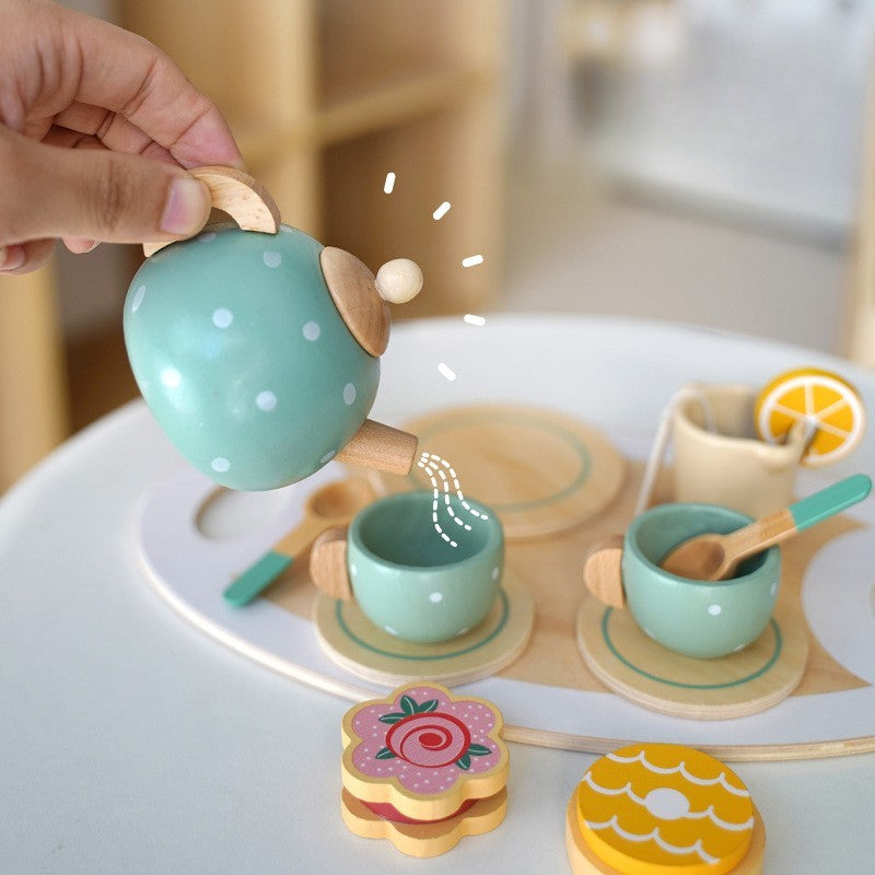Set de ceai din lemn pentru copii 15 piese, vopsea ecologică, multicolor pastel