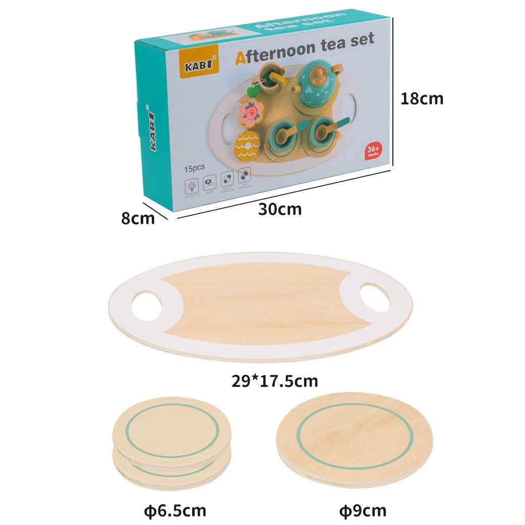 Set de ceai din lemn pentru copii 15 piese, vopsea ecologică, multicolor pastel