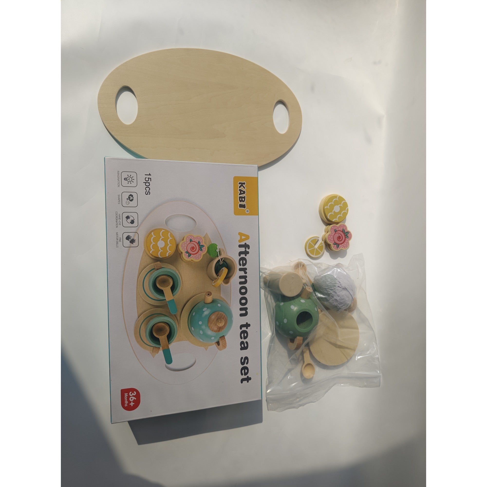 Set de ceai din lemn pentru copii 15 piese, vopsea ecologică, multicolor pastel