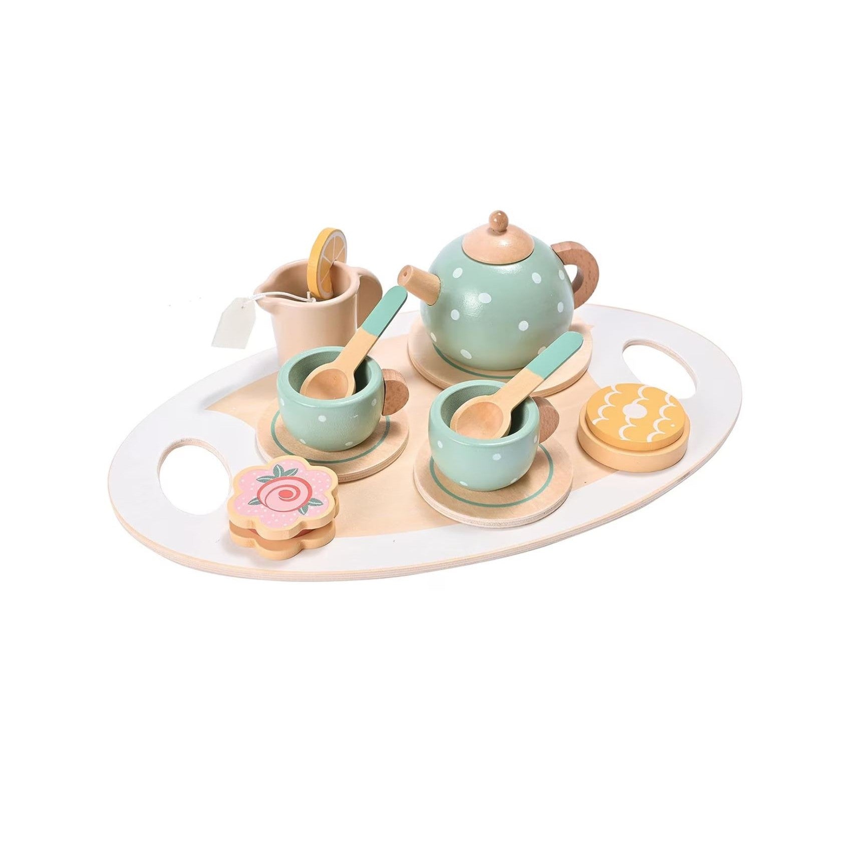 Set de ceai din lemn pentru copii 15 piese, vopsea ecologică, multicolor pastel