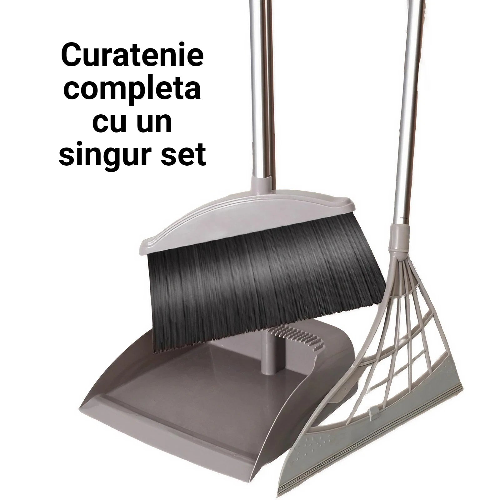 Set mături și făraș silicon cu coadă – uz casnic, 90×100 cm, gri durabil
