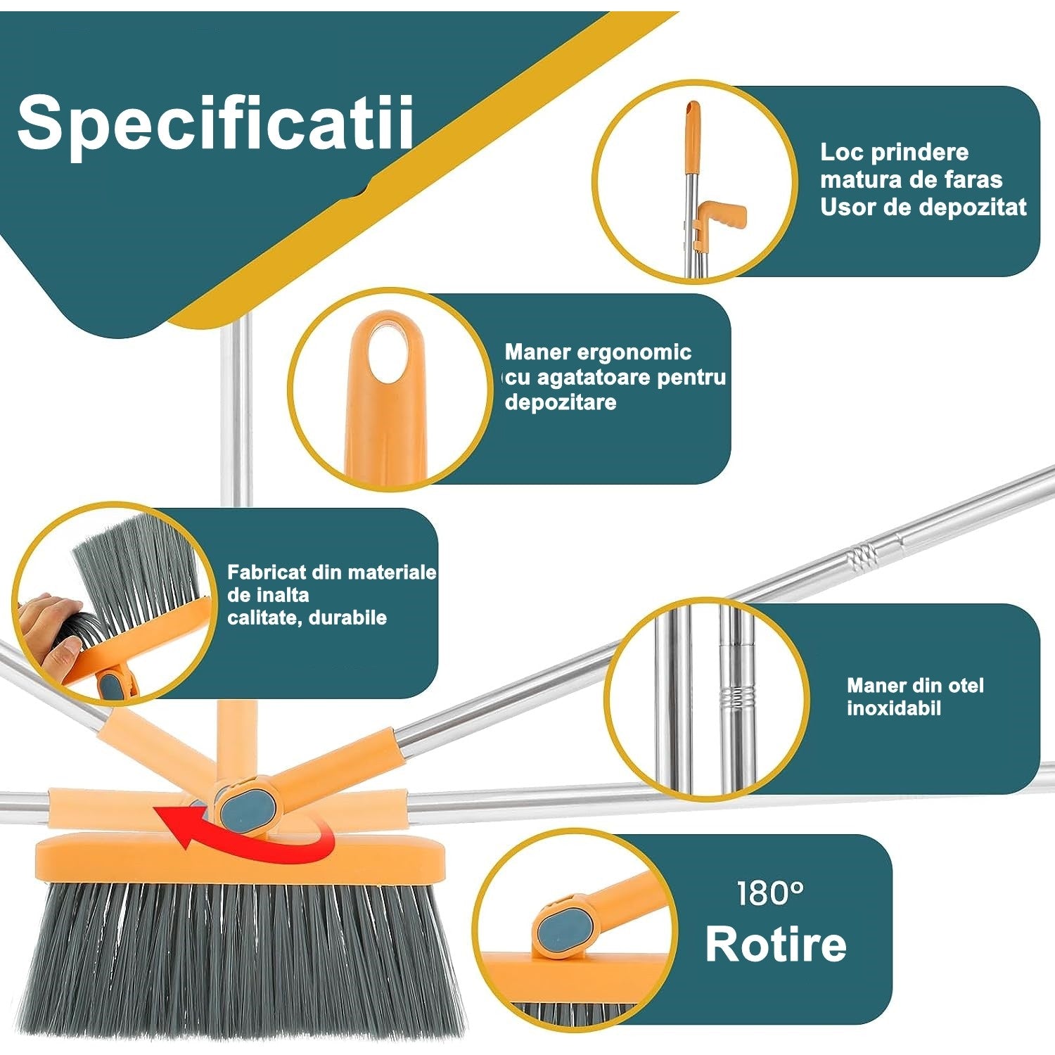 Set mătură și făraș cu coadă detașabilă și dinți de pieptene, ideal pentru curățenie eficientă