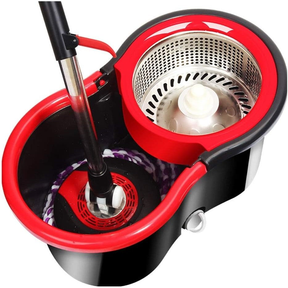 Set mop rotativ cu găleată 8 L, microfibră, dop de scurgere – negru-roșu