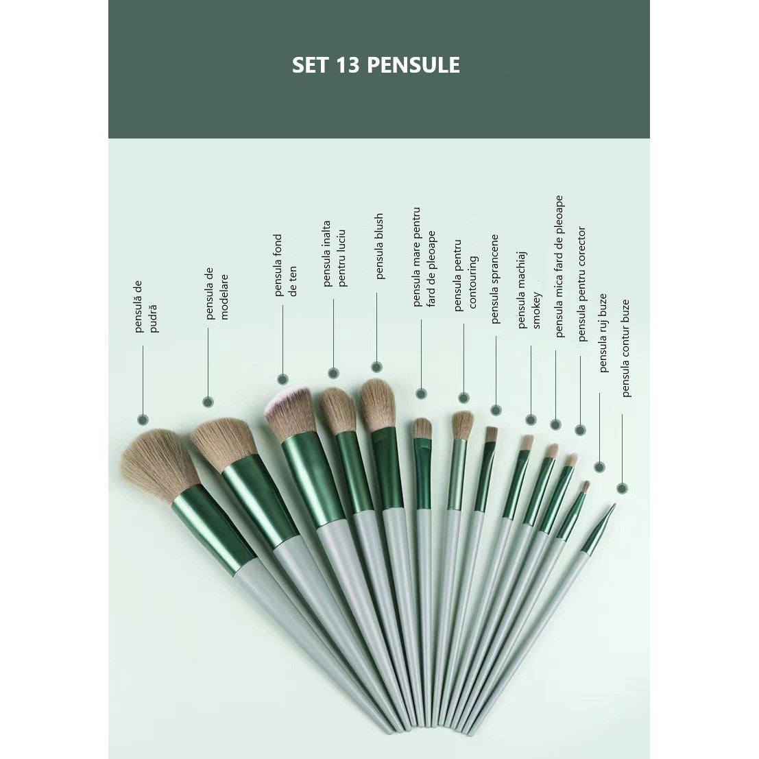 Set 13 pensule machiaj verde – profesional & ergonomic, pentru începători și experți