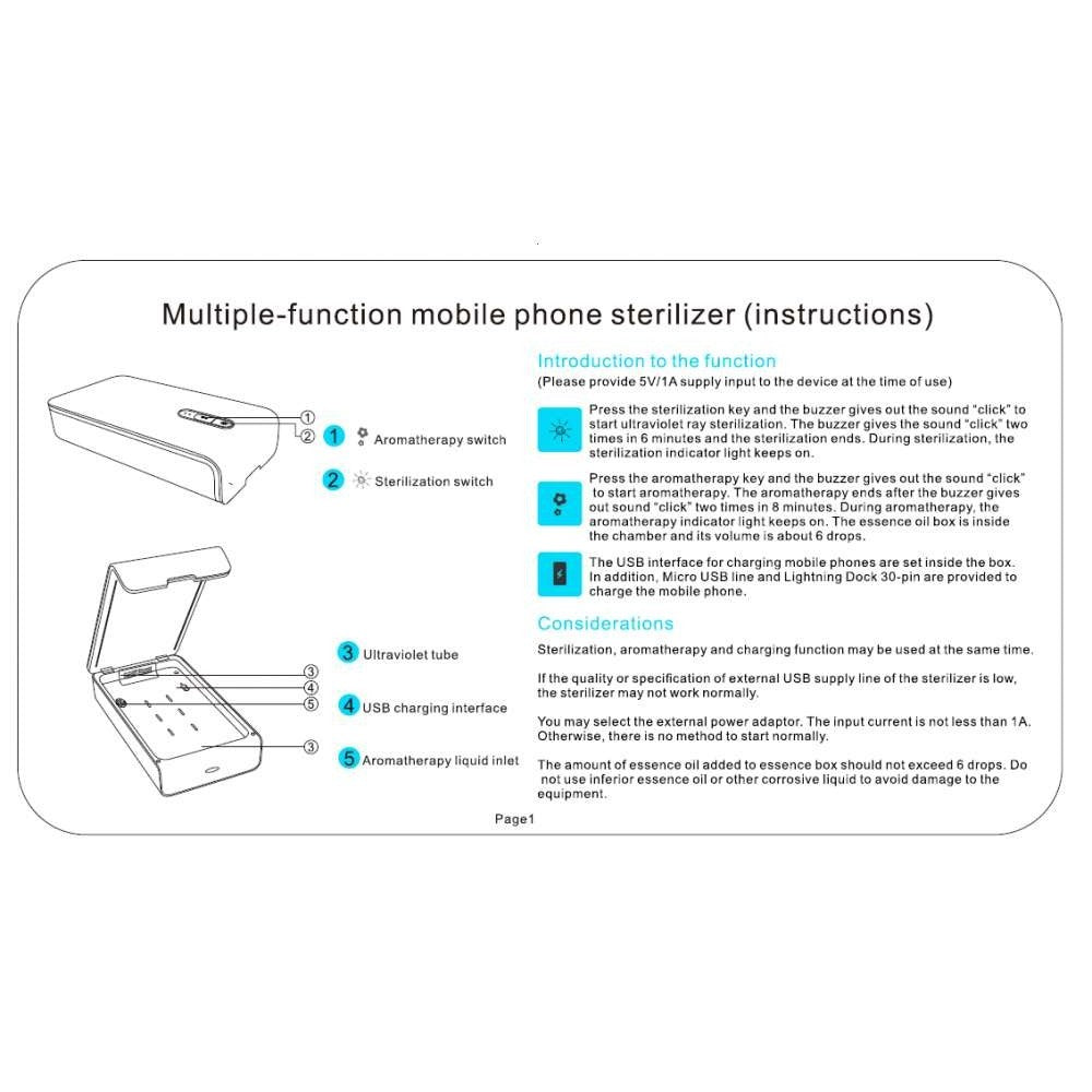 Sterilizator UV alb pentru telefoane cu funcție difuzor aromaterapie și încărcare USB