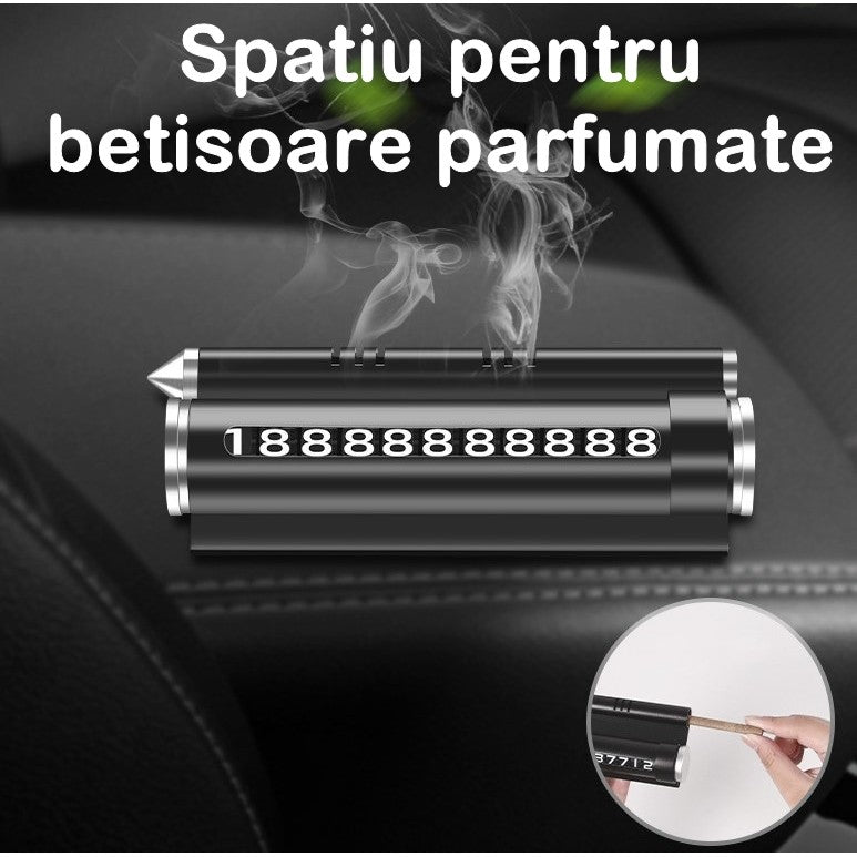 Suport auto număr de telefon + odorizant, fixare parcare, negru