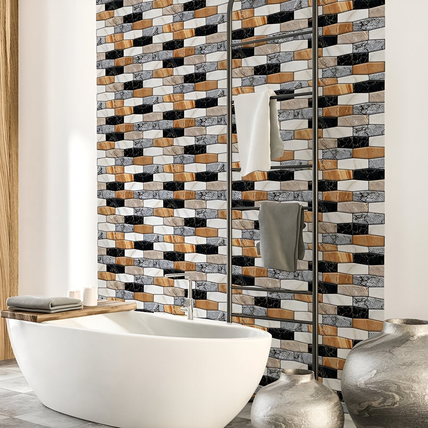 Set 10 plăci tapet autocolant 3D imitatie marmură asimetrică, rezistent apă, 30x30 cm maro-gri-negru