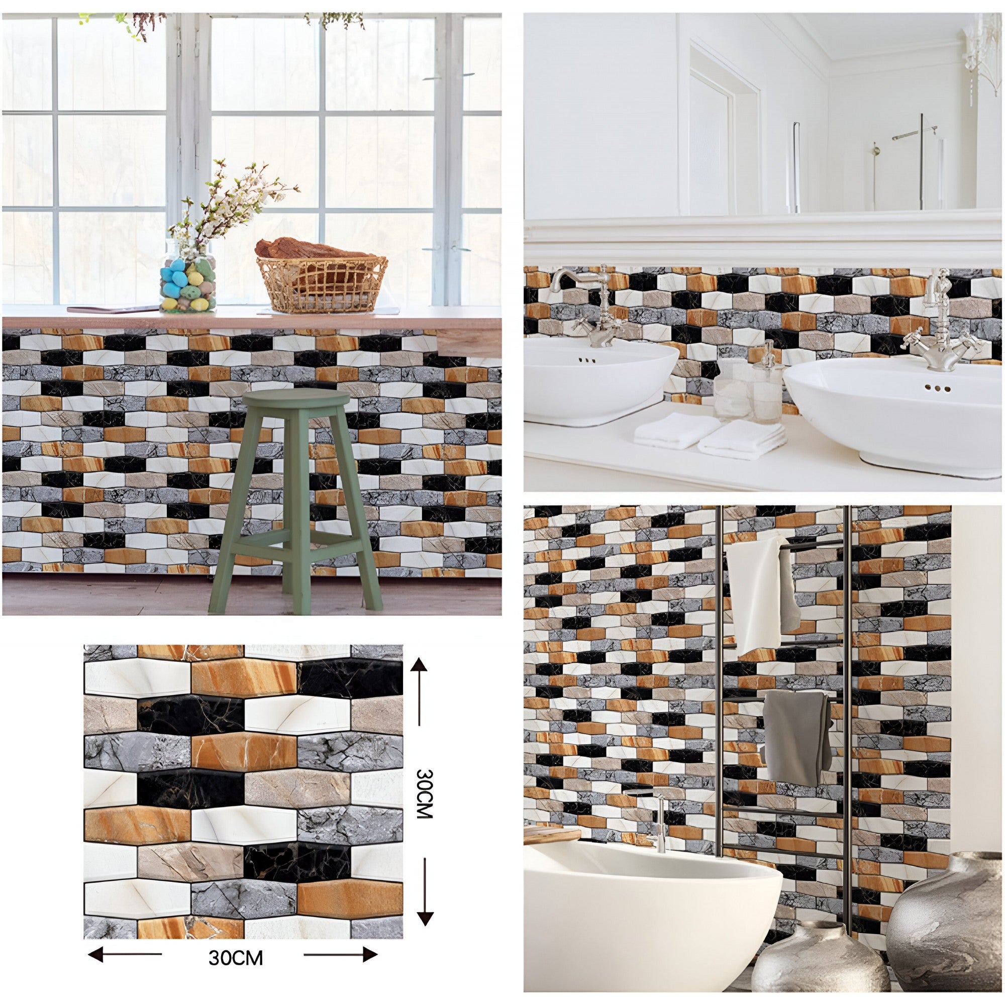 Set 10 plăci tapet autocolant 3D imitatie marmură asimetrică, rezistent apă, 30x30 cm maro-gri-negru