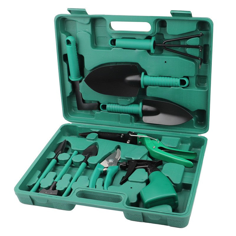 Set 10 accesorii grădinărit inox + geantă depozitare verde 37×28 cm