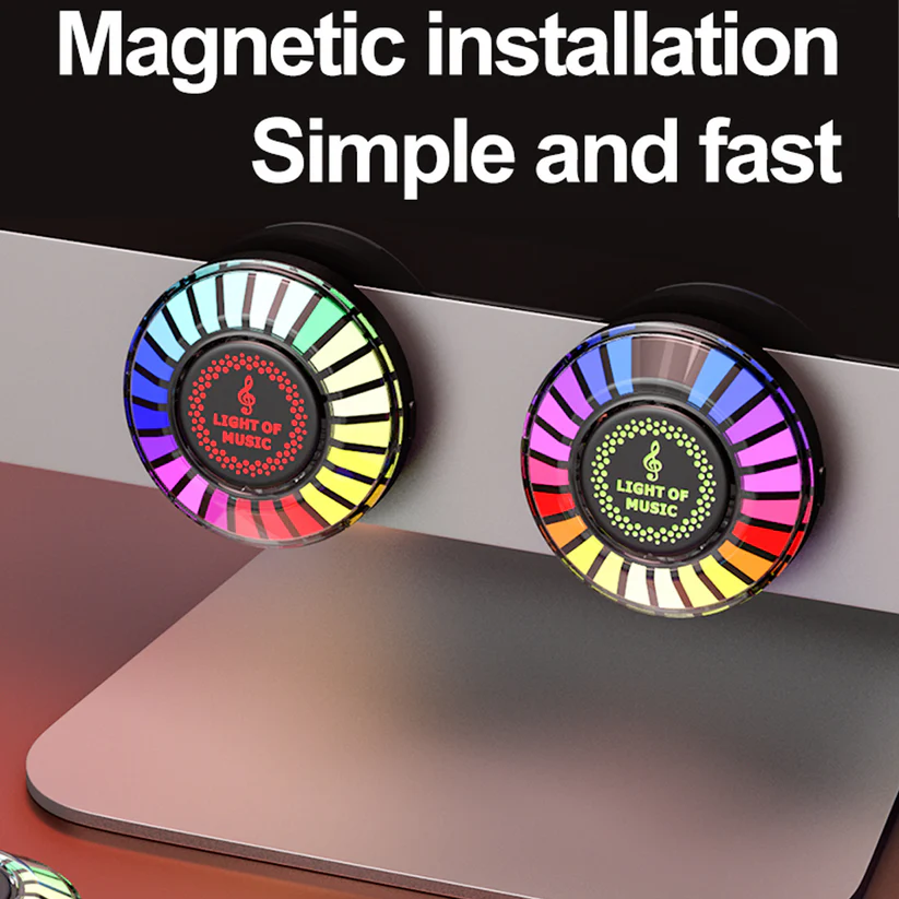 Lumină Ambientală Auto cu Senzor de Sunet și Bază Magnetică – Control prin Aplicație, RGB, USB/Reîncărcabilă