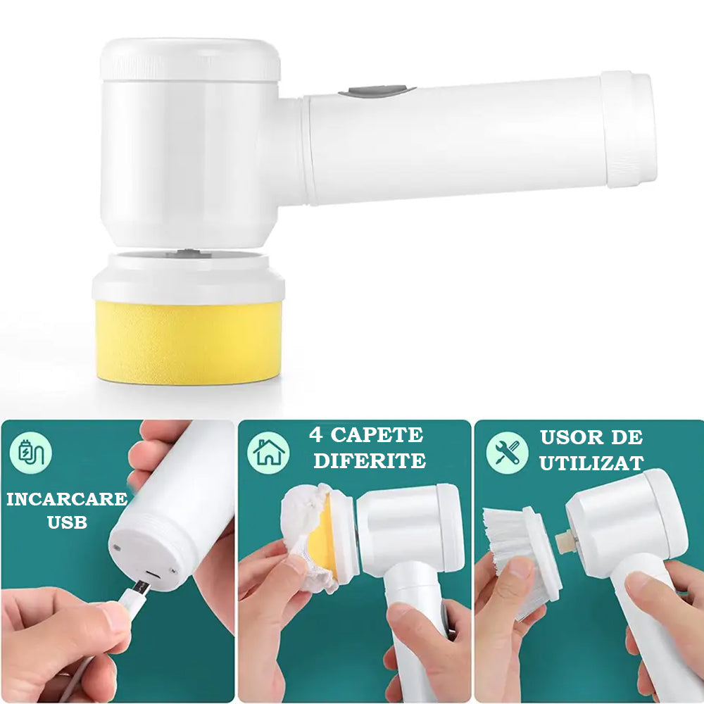 Електрическа четка за почистване, 5 глави, почистване на различни повърхности, водоустойчивост, бързо и ефикасно почистване, USB зареждане, бяла 